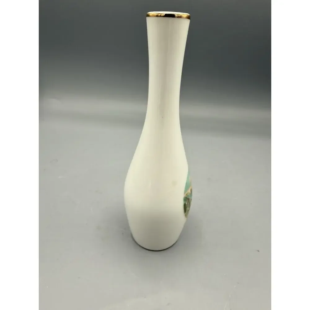 Vintage Made in Japan Bud Vase White Gold Rim Scenic House Spring 6.5”